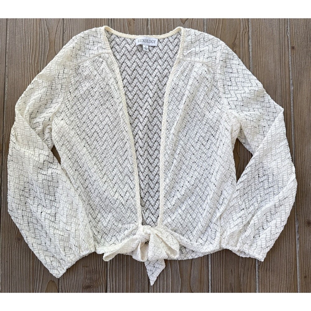 Women’s Luxology Ivory Sheer Lace Tie Pool Beach Vacation Cover Up Top Small